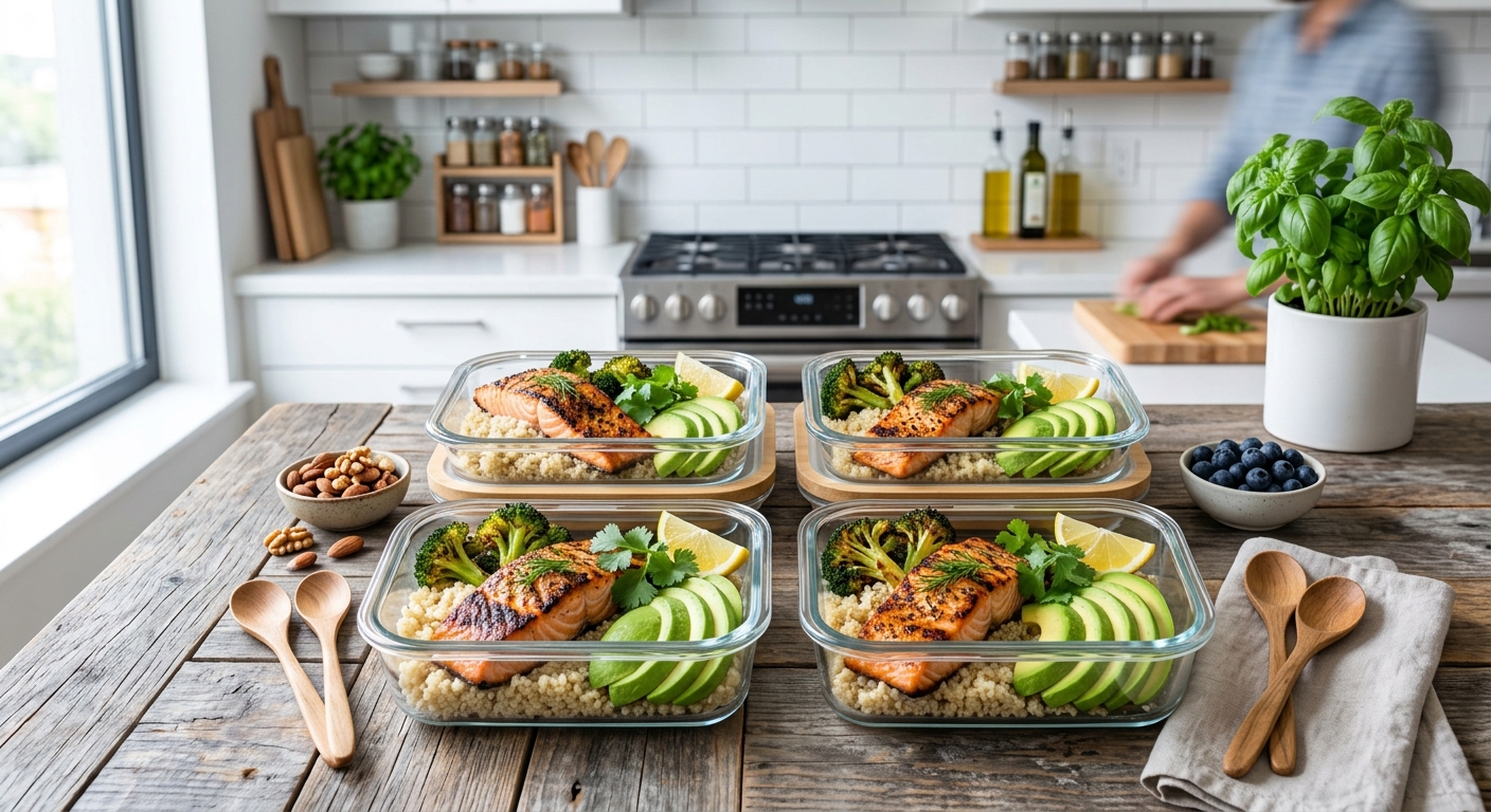 Glass meal prep containers filled with grilled salmon fillets, quinoa, roasted broccoli and avocado slices on a rustic wooden table, bright modern kitchen background, professional food photography
