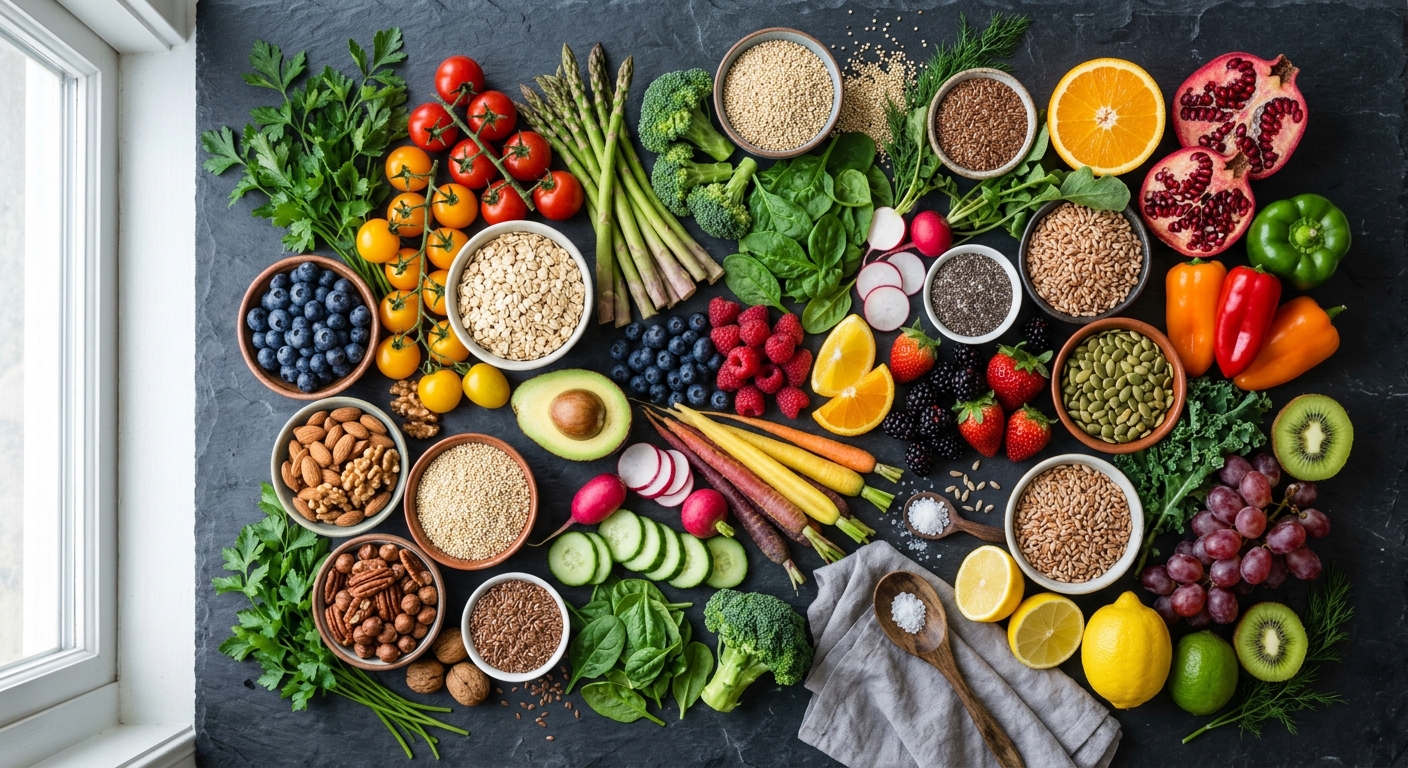 Overhead flat lay of vibrant fresh vegetables, fruits, nuts, seeds and whole grains arranged on a dark slate surface, soft natural window light, professional food photography, high detail