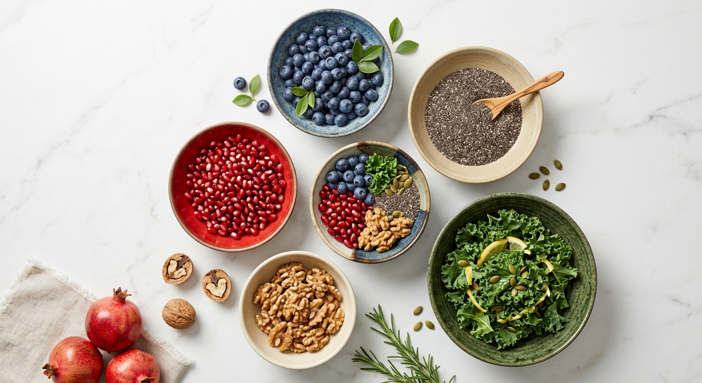 Assortment of superfoods including blueberries, chia seeds, kale, walnuts and pomegranate in ceramic bowls on a marble countertop, top view, studio lighting